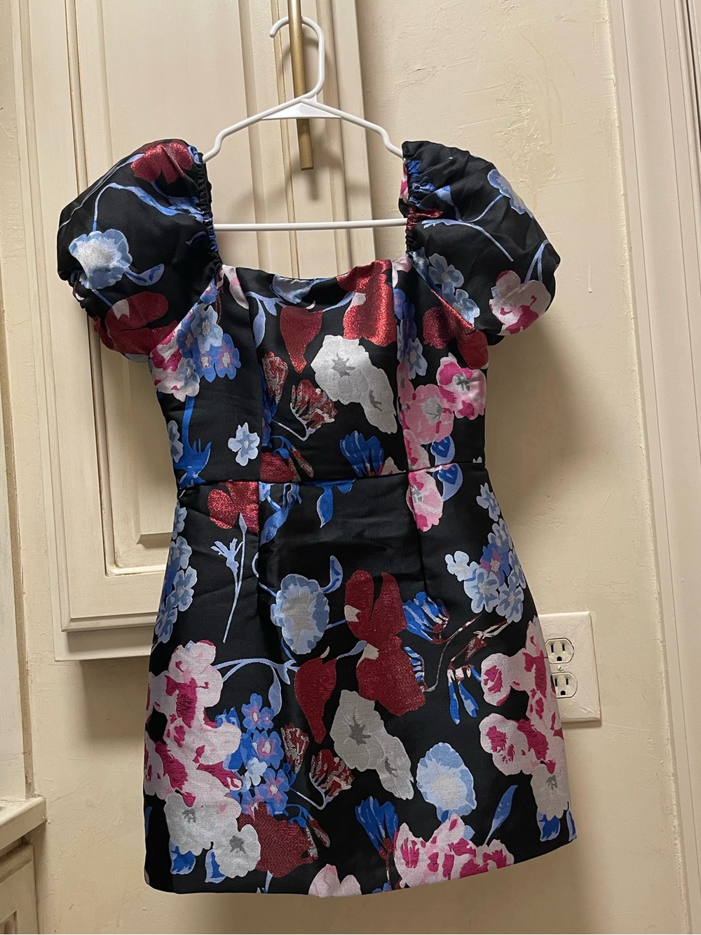Lulu's Black Floral Puff-Sleeve Mini Dress with Pink, Red, Blue, White Accents